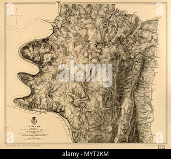 . Englisch: Entlastung durch hachures. Die allgemeine Richtung der Konföderierten Linie der Schlacht, Sept. 16 1862' und '(allgemeine Richtung) Konföderierten Linie der Schlacht, Sept. 17 1862 (Abend)" werden Hand in Rot gefärbt. Union Truppe Positionen werden nicht angegeben. Detaillierte Karte der Umgebung von Sharpsburg zeigt Straßen, die 'Washington Co. R. R.", Zäune, Häuser, Namen der Bewohner, Vegetation, Entwässerung, Dörfer, die 'Burnside Bridge", "Bloody Lane", "unker Kapelle,'' National Cemetery." Konföderierten Linien der Schlacht sind ahnd - in roter Tinte gefärbt. Beschreibung abgeleitet aus veröffentlichten Bibliographie. LC zivilen W Stockfoto