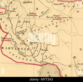 . Français: Carte de l'Empire des Perses. Pour servir à l'Intelligence des Livres d'Esdras, de Nehemias, de Tobie, de Judith, d'Ester, de Job et des Prophetes. Depuis 588 jusqu'a 536 avant J.C. Epoque ou endlichen La captivite. Dressee sous la Direction de A. Houze. (In der oberen Rand :) Atlas histque. (Et) geogque.de la Terre Sainte. Carte VIII. (Paris, Chez S. Dumenil, Editeur, rue des Beaux-Arts, 10. 1844). 1844. Antoine Philippe Houze 369 Antoine Philippe Houze. L'Empire des Perses. 1844 (K) Stockfoto