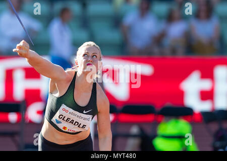 Oslo, Norwegen. 7. Juni 2018, Bislett Stadion, Oslo, Norwegen; Bislett Games, Diamond League Leichtathletik Meeting; Elizabeth Gleadle Kanada konkurriert in den Damen Speerwerfen während der iaaf Diamond League am Bislett Stadion Credit: Aktion Plus Sport Bilder/Alamy Leben Nachrichten gehalten Stockfoto