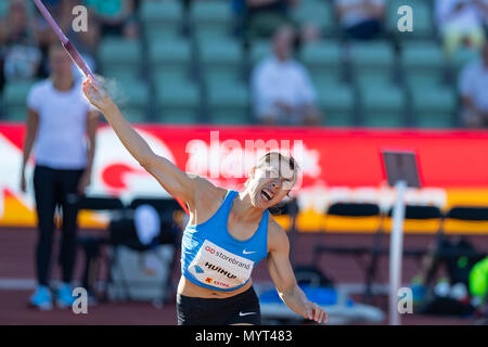 Oslo, Norwegen. 7. Juni 2018, Bislett Stadion, Oslo, Norwegen; Bislett Games, Diamond League Leichtathletik Meeting; Huihui Lyn von China konkurriert in den Damen Speerwerfen während der iaaf Diamond League am Bislett Stadion Credit: Aktion Plus Sport Bilder/Alamy Leben Nachrichten gehalten Stockfoto