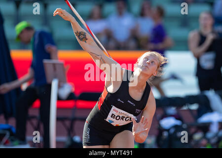 Oslo, Norwegen. 7. Juni 2018, Bislett Stadion, Oslo, Norwegen; Bislett Games, Diamond League Leichtathletik Meeting; Sigrid Borge Norwegen konkurriert in den Damen Speerwerfen während der iaaf Diamond League am Bislett Stadion Credit: Aktion Plus Sport Bilder/Alamy Leben Nachrichten gehalten Stockfoto