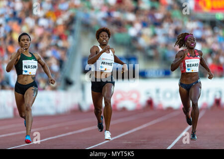 Oslo, Norwegen. 7. Juni 2018, Bislett Stadion, Oslo, Norwegen; Bislett Games, Diamond League Leichtathletik Meeting; Salwa Eid Naser von Bahrain, Phyllis Franz von United States, Jessica Bart des United States konkurriert in der Damen 100 m während der iaaf Diamond League am Bislett Stadion Kredit statt: Aktion Plus Sport Bilder/Alamy leben Nachrichten Stockfoto