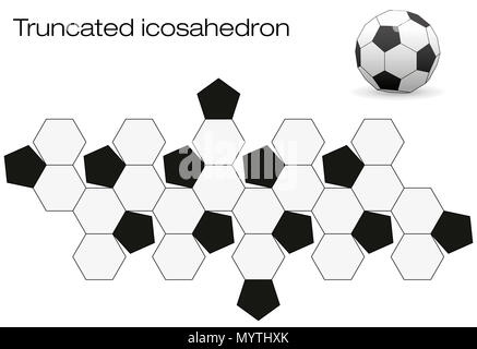 Abgewickelte Fußball Oberfläche. Geometrische Polyeder genannt abgeschnittene Ikosaeder, einem Archimedischen Körper mit 12 schwarze und 20 weiße Gesichter. Stockfoto