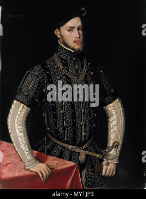 . Español: Retrato del rey Felipe II de España (1527-1598), Que fue hijo del Emperador Carlos I de España y de la Reina Isabel de Portugal. . Spanisch: Retrato de Felipe II Portrait von Philip II. zwischen 1549 und 1550 366 Anthonis Mor - Porträt von Philip II - Google Kunst Projekt Stockfoto