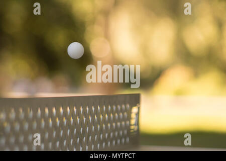 Tischtennis mit weißen Ball auf einem grauen Tabelle auf Sommer Stockfoto