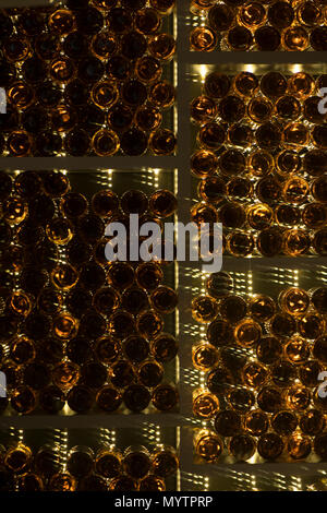 Viele Flaschen Wein liegen auf Regalen in einem Weinkeller Stockfoto