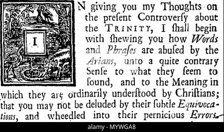 . Englisch: Fleuron aus Buch: arius erkannt & nachwies: oder, eine kurze und vertraute Richtung für schlichte Christen, dass Jesus, dem Herrn, und seiner Stimme gehorchen, die Liebe, wie die Sprache der Jünger des Arius, zu verstehen, dass sie nicht von ihren Worten und faire Reden, gezogen werden, um zu bestätigen und Gottesdienst zwei Götter, oder vielmehr ein Gott und Geschöpf, im Gegensatz zu vielen einfachen und express Texte der Heiligen Schrift. Die zweite Ausgabe. Zu dem wird hinzugefügt, um die Anlage in Antwort auf zwei Broschüren veröffentlichen würde gegen Sie, durch die der Autor des Briefes an einem Abweichler in Exon. 379 Arius erkannt und con Stockfoto