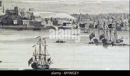 . Englisch: Der Norden Perspektive der Woolwich, in der Grafschaft Kent. Detail einer Ansicht von Woolwich und Woolwich Dockyard. Kupferstich von Samuel und Nathaniel Buck (1739). Sammlung der London Metropolitan Archives. . 9 März 2017, 08:25:10. Samuel & Nathaniel Buck 25 Ansicht von Woolwich &Amp; Dockyard, S&AMP;N Buck, 1739 LMA (Detail 4) Stockfoto