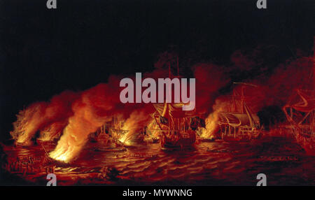 . Englisch: Die Niederlage der Französischen Fireships Angriff auf die britische Flotte vor Anker vor Quebec City. 28. Juni 1759. . Malerei um 1900, zeigt ein Ereignis im Jahr 1759 3 Die Niederlage der Französischen Fireships Angriff auf die britische Flotte vor Anker vor Quebec Stockfoto