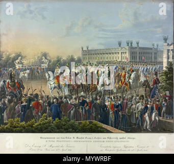 . English: Einzug Franz I. in Paris am 15. 4. 1814; dargestellt ist der Moment, in dem der Kaiser an der Spitze des Zuges über die Place de la Concorde reitet. Lithographie von Franz Wolf nach einer Vorlage von Johann Nepomuk Höchle, aus der Serie "Hauptmomente aus dem Leben Sr. Majestät Franz I.";. 1. Januar 1835. Johann Nepomuk Höchle (1790 - 1835) Alternative Namen Johann Nepomuk Höchle; J. N. Höchle; J. jun. Höchle; Johann Nepomuk Höchle jun., Johann N. Höchle; hochle j.; Johann Nep. Höchle Beschreibung Deutsche Maler und Komponist Geburtsdatum / Tod 16. September 1790 12. Dezember Stockfoto