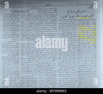 . Englisch: Organ der pro-Sowjetischen' (Iran) Aserbaidschan Demokratische Partei' über Abzug der sowjetischen Truppen aus dem nördlichen Iran, 1. April 1946 13 Az 12011325 p2d Stockfoto