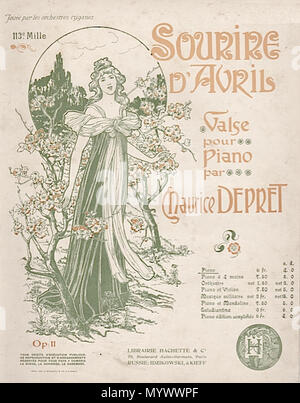 . Englisch: Abdeckung der lithographischen Notenblatt, Sourire d'Avril, Piano gießen Valse von Maurice Depret, in Paris Veröffentlicht von Hachette. 13 Barabandy Sourire d'Avril valse pour Piano von Maurice Depret 1898 Stockfoto