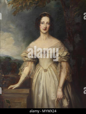 . Englisch: Ölgemälde auf Leinwand, Dame Blanche Georgiana Howard, Gräfin von Burlington (1812 - 1840) nach John Lucas (London 1807 - St John's Wood 1874). Ein drei - Viertel - Länge Portrait, gegenüber, in einer Landschaft, trug ein weißes Kleid, ihre Handschuhe in der linken Hand gehalten, ihr Recht auf ein Podest. Sie war das vierte Tochter von George Howard, 6. Earl of Carlisle (1773-1884) und Lady Georgiana Cavendish (1783-1858), die Tochter von William Cavendish fünften Herzog von Devonshire (1748-1811); heiratete William Cavendish, 2. Earl of Burlington und 7. Herzog von Devonshire (1808-1891) im Jahr 1829. Nach dem o Stockfoto