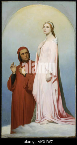 . Englisch: [Siehe Quelle] Beatrice, der italienische Dichter Dante's geliebte, dient als seine Führer durch das Paradies in seinem epischen Gedicht, Die Göttliche Komödie (1321). Die Verse aus dem Gedicht, dass Scheffer zeigt auf dem Rahmen geschrieben und übersetzt wie folgt: Italiano: [Vedi fonte] Beatrice, La donna Amata dal poeta Italiano Dante, Fa ein Lui da Guida attraverso Il Paradiso nel suo Poema epico, La Divina Commedia (1321). Ich versi del Poema illustrati da Scheffer in inglese sono Scritti sulla Gesims. Fr... ich Versi originali: "Und plötzlich, meseemed, Tag zu Tag hinzugefügt wurde, als wenn er Wer hat Stockfoto