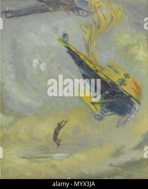 . Englisch: Der deutsche Pilot in diesem Gemälde sprang aus seinem brennenden Flugzeugen Tod durch Feuer zu vermeiden. Aber wir wissen, dass er nicht den Fall überleben, da Piloten nicht Fallschirme ausgestellt wurden. Über die britische Sieger dieses Dogfight weiter auf. Nach Künstler S. Chatwood Burton bemalt, diese Arbeit gehörte zum Leutnant, später Air Vice Marshal, Clifford McEwen. . Die Fallen. 1918 3 Samuel Chatwood Burton = Herbst CWM 19850327-024 Stockfoto