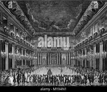 . Englisch: ein Kupferstich mit der Darstellung der ersten Tanz von König Christian VII. und der Königin Caroline Mathilde von Dänemark bei ihrer Hochzeit am 8. November 1766 auf Schloss Christiansborg. Weitere Informationen über die Hochzeit hier. . 1766. Unbekannt 58 König Christian VII. und der Königin Caroline Mathilde - erste Tanz (2) Stockfoto