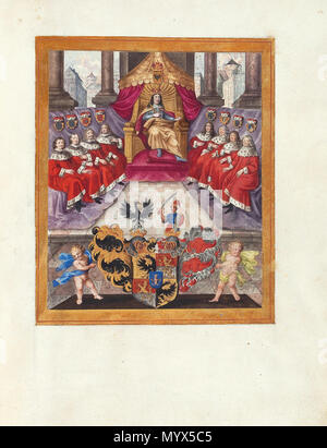 . Deutsch: Abbildung mit Kurfürstenkollegium und Wappen aus dem Adelsdiplom für Sebastian Haydt (von und zu Haydegg), innerösterreichisch Hofpfennigmeister, Frankfurt am Main, 2. August 1658. 1658. Unbekannt 267 Adelsdiplom Sebastian Haydt von und zu Haydegg 1658 Stockfoto