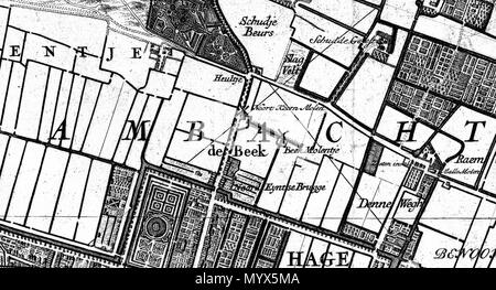 . Nederlands: Detail van een kaart van het Hoogheemraadschap van Rijnland uit 1647 verbeterd im Jahre 1687. Te zien zijn de latere Zeestraat met Noordmolen en Noordeindse Brug, ook genoemd Scheveningsebrug in Den Haag. Englisch: Detail einer Karte der Wasser- und der rijnland Bereich von 1647, im Jahr 1687 verbessert. Dargestellt sind die später Zeestraat mit dem North-Mill und Noordeinde Brücke, auch genannt das Scheveningen Brücke, in Den Haag, Niederlande. . 1647. Unbekannt 1 1647, Zeestraat en Scheveningsebrug in Den Haag Stockfoto