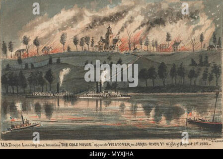 . Englisch: Entlassung der Cole Haus und Ruffin's Plantation gegenüber Harrison's Landing, James River. Eine Landung Partei der Union Kräfte ging über die James River in der Nacht vom 1. August 1861 und in Brand gesetzt. das Haus und die Plantage. . 1. August 1861 33 Entlassung der Cole Haus und Ruffin's Plantation gegenüber Harrison's Landing, James River, 1. August 1861 Stockfoto