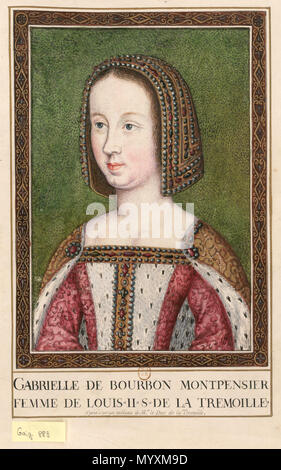 . Français: Portrait de Gabrielle de Bourbon-Montpensier (morte en 1516), Première épouse de Louis II. de La Trémoille, à l'âge de 26 ans. Kopie (Gouache sur parchemin) du 17e siècle de la collection Gaignières d'un Portrait original de la fin du 15e siècle Englisch: Portrait von Gabrielle de Bourbon-Montpensier (gestorben 1516), erste Frau von Louis II. de la Trémoille, im Alter von 26 Jahren. 17. Jahrhundert kopieren (aus dem Gaignières Sammlung) eines aus dem 15. Jahrhundert Vorlage im Hochformat. 17. Jahrhundert. Unbekannte Künstler aus dem 17. Jahrhundert 38 Gabrielle de Bourbon, Ehefrau von Louis II. de La Tremoille (Kopie von Gaignieres) Stockfoto