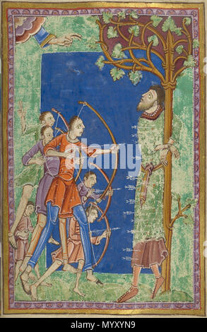 . Englisch: Darstellung der Ausführung von Edmund, König von East Anglia (gestorben 869) auf Folio 14r der Pierpont Morgan Library Frau M. 736 dargestellt. Dieses Bild ist ein 7/8-Version der Datei: Ausführung von Edmund (Pierpont Morgan Library Frau M.736, Folio 14r).jpg. . 12. Jahrhundert. Unbekannt 32 Ausführung von Edmund (Pierpont Morgan Library Frau M.736, Folio 14r) Erntegut Stockfoto