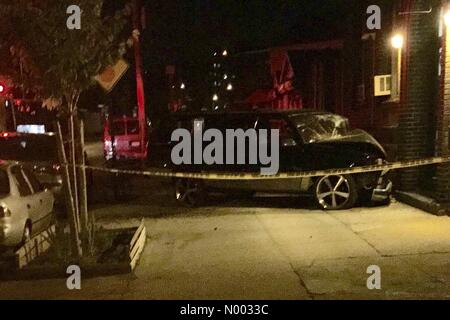 New York, USA. 30. Mai 2015. Autounfall auf meiner Straße gestern Abend. Treiber wurde nicht gefunden. Bildnachweis: brian0528/StockimoNews/Alamy Live-Nachrichten Stockfoto