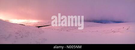 Brecon, Powys, UK. 15. Januar 2016. Powys, 15. Januar 2016. Ein Panorama zeigt die vor Sonnenaufgang Farben auf den Aufstieg zu einer tief verschneiten Pen y Fan-Gutschrift: Polly Thomas/StockimoNews/Alamy Live News Stockfoto