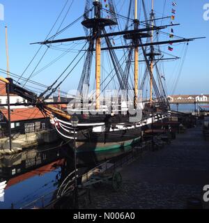 HMS Trincomalee, das älteste Schiff noch flott in UK, sonnt sich in der Frühlingssonne in ihrem Liegeplatz in Hartlepool, 17März 2016 Stockfoto