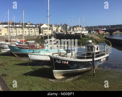 Aberystwyth, Wales, UK. 15. März 2017. UK-Wetter: Bunte Fischerboote an einem klaren, blauen Himmel und brillante ungebrochen warmen Frühling Sonnenschein in Aberystwyth Wales Credit: Keith morris1 / StockimoNews/Alamy Live News Stockfoto