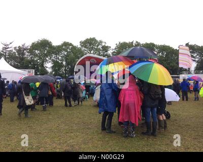 Menschen tragen bunte Sonnenschirme an einem regnerischen WOMAD-Festival in Charlton Park, Wiltshire, Großbritannien Stockfoto