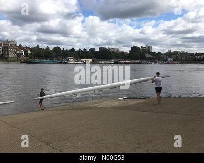 London, UK. 4. August 2017. UK-Wetter: Ruderer auf der Themse. Ruderboote nehmen das Wasser auf der Themse in der Nähe von Hammersmith unter angenehmen Sonnenschein Credit: Amer Ghazzal/StockimoNews/Alamy Live-Nachrichten Stockfoto