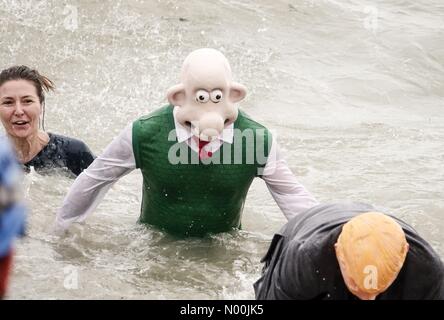 Wittering, UK. 1 Jan, 2018. Tag des Neuen Jahres: Der große Sprung in Wittering. Shore Rd, East Wittering. 01. Januar 2018. Kalten und nassen Wetter entlang der Südküste heute. Schwimmer waren an den Grossen Sprung in East Wittering abschrecken. Credit: jamesjagger/StockimoNews/Alamy leben Nachrichten Stockfoto