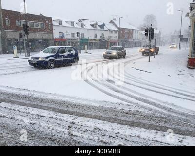 UK Wetter - Schnee in Hereford Hereford Herefordshire - Großbritannien Sonntag, den 18. März 2018 starker Schneefall über Nacht weiterhin bei Tagesanbruch in Hereford Stadt. Stockfoto