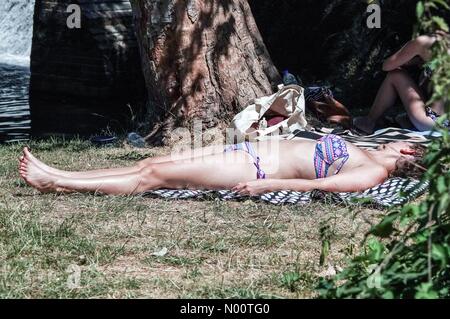 UK Wetter: Sonnig in Guildford. Millbrook, Guildford. 15. Juli 2018. Heiße und sonnige Wetter über dem Hause Grafschaften heute. Sonnenanbeter geniessen das Wetter in Guildford, Surrey. Credit: jamesjagger/StockimoNews/Alamy leben Nachrichten Stockfoto