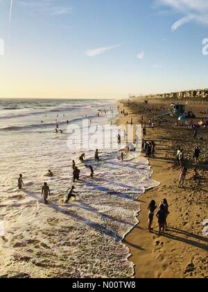 Kalifornien, USA. 22. Juli 2018. Strand goers Spielen im Wasser während eines Kalifornien Hitzewelle. Manhattan Beach, Kalifornien, USA. Credit: Ryan Cardone/StockimoNews/Alamy Live News Credit: Ryan Cardone/StockimoNews/Alamy leben Nachrichten Stockfoto