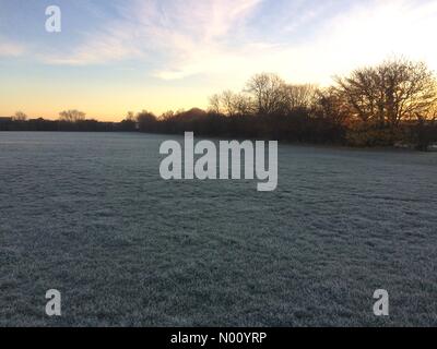 Fairfield, Stockton-on-Tees. 4. Dez 2018. UK Wetter: Ein frostiger Start in den Tag in Stockton on Tees mit Frost auf den Feldern im Fairfield, Kredit: David Dixon/StockimoNews/Alamy Live News Credit: David Dixon/StockimoNews/Alamy leben Nachrichten Stockfoto