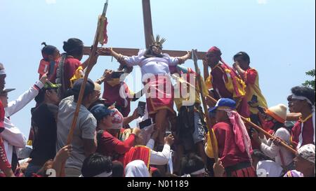 Kapitangan, Philippinen. 19. April 2019. Percy Valencia, 53 Jahre alt war, am Kreuz am Karfreitag für Zwanzig sechs Mal diesen 2019 genagelt. Sie begann, genagelt whenshe 27 Jahre alt war. Credit: Sherbien Dacalanio/StockimoNews/Alamy leben Nachrichten Stockfoto