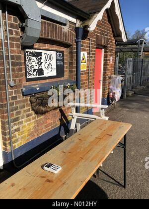 Station Lane, Milford, Surrey, Großbritannien. März 2020. Ein Café zum Mitnehmen in der Milford Station in der Nähe von Godalming in Surrey, das Vorsichtsmaßnahmen gegen den Ausbruch des Coronavirus ergreift. Credit: Jamesjagger/StockimoNews/Alamy Live News Stockfoto