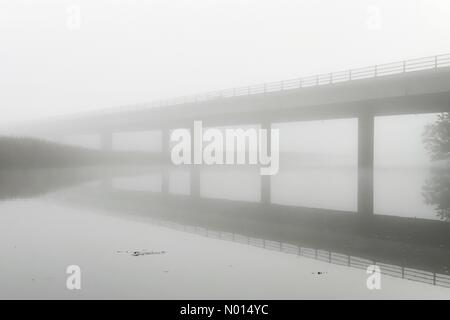 UK Wetter: Teign River Bridges in Mist near Newton Abbot, Devon Credit: Nidpor/StockimoNews/Alamy Live News Stockfoto