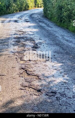 Doddiscombsleigh, Devon, Großbritannien. Juli 2021. UK Wetter: Backtemperaturen schmelzen Teerstraßen an einem weiteren rösten heißen Tag an der Spitze der Tick Lane in der Nähe von Doddiscombsleigh bei Devon. Juli 2021. Kredit: Nidpor Gutschrift: Nidpor/StockimoNews/Alamy Live Nachrichten Stockfoto