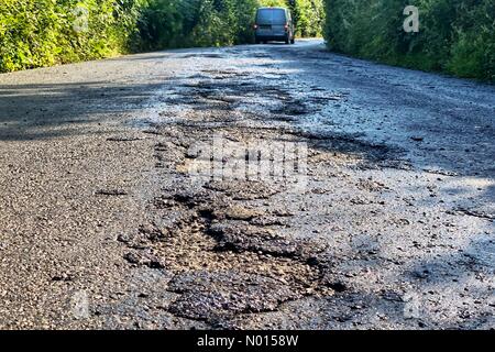 Doddiscombsleigh, Devon, Großbritannien. Juli 2021. UK Wetter: Backtemperaturen schmelzen Teerstraßen an einem weiteren rösten heißen Tag an der Spitze der Tick Lane in der Nähe von Doddiscombsleigh bei Devon. Juli 2021. Kredit: Nidpor Gutschrift: Nidpor/StockimoNews/Alamy Live Nachrichten Stockfoto