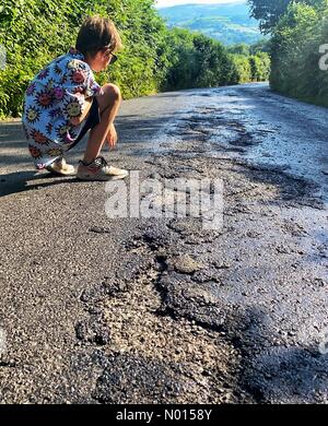 Doddiscombsleigh, Devon, Großbritannien. Juli 2021. UK Wetter: Backtemperaturen schmelzen Teerstraßen an einem weiteren rösten heißen Tag an der Spitze der Tick Lane in der Nähe von Doddiscombsleigh bei Devon. Jack Porter untersucht die Szene 21. Juli 2021. Kredit: Nidpor Gutschrift: Nidpor/StockimoNews/Alamy Live Nachrichten Stockfoto