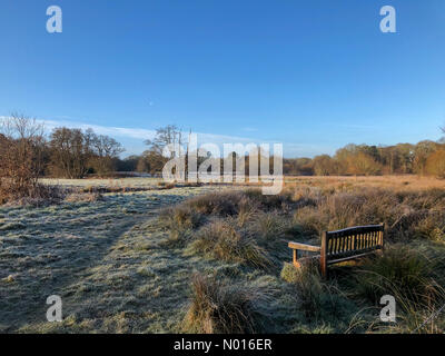 UK Wetter: Frostig in Elstead. Waverley Ln, Elstead. 23rd. Februar 2022. Ein kalter und frostiger Start in den Tag für die Heimatkreise. Frostige Bedingungen entlang des Flusses Wey, Thundry Meadows, Elstead. Kredit: Jamesjagger/StockimoNews/Alamy Live Nachrichten Stockfoto