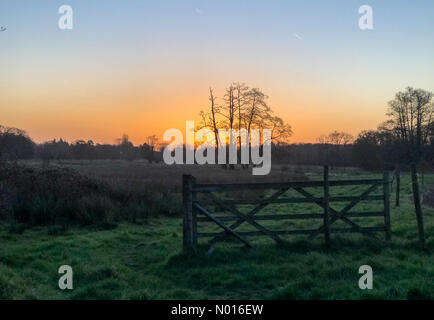 UK Wetter: Sonnenaufgang über Elstead. Waverley Ln, Elstead. 25.. Februar 2022. Ein kalter, aber sonniger Start in den Tag für die Heimatkreise. Sonnenaufgang über dem River Wey bei Thundry Meadows, Elstead, Surrey. Kredit: Jamesjagger/StockimoNews/Alamy Live Nachrichten Stockfoto