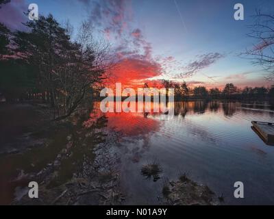 Godalming, Surrey. Januar 2024. Wetter in Großbritannien: Sonnenaufgang über Thursley Common. Elstead Moat, Thursley. Januar 2024. Ein frostiger Start in den Tag für die Home Counties. Sonnenaufgang über Thursley Common bei Godalming, Surrey. Quelle: Jamesjagger/StockimoNews/Alamy Live News Stockfoto