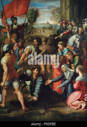 . English: Kreuztragung Christi Englisch: Christus, der auf dem Weg nach Golgotha (Raphael) Français: Le Portement de Croix. ca. 1516 7 Christus auf dem Weg nach Golgotha - Raphael Stockfoto