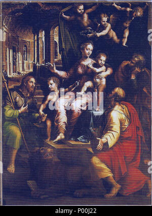 . Italiano: Sacra Famiglia con San Giovannino, San Giacomo Maggiore e San Marco (nota kommen Pala Fugger dal nome della committenza). Zwischen 1521 und 1522. Giulio Romano - Roma, Chiesa di Santa Maria dell'Anima 79 Pala Fugger Stockfoto