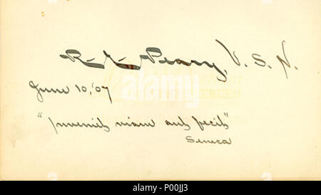 . Englisch: Autogrammkarte per Explorer Robert Edwin Peary Sr. (Mai 6, 1856 - Februar 20, 1920) vom 10. Juni '07 (1907) mit dem Zitat "Inveniet viam aut faciet '/Seneca. . 10. Juni 1907. Robert Edwin Peary Sr. (1856-1920) 81 Peary Autogramm 10. Juni '07 Stockfoto