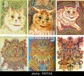 . Englisch: 6 Gemälde von Katzen von Louis Wain mit wachsender abstractedness, die von einigen seiner Schizophrenie leiden zugeschrieben. zwischen 1886 und 1939. Louis Wain (1860-1939) 105 Wain Katzen 6. Stockfoto