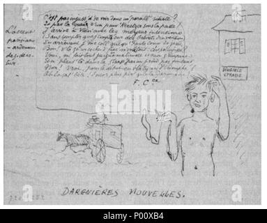 . Englisch: Dargnières nouvelles [Letzte News], Skizze von Ernest Delahaye zu Paul Verlaine geschickt die 24. März 1876 zeigt die lustigen Abenteuer von Rimbaud in Wien, Österreich [Vingince Straße nicht existiert: es bedeutet Vergeltung/Rache Str.], von einem hackney Treiber beraubt. Text von Links nach Rechts: L'accent parisiano - Ardennais desideratur C'est pas injuss' d e voir dans un'pareill' zu verorten? Et pas la Schlangen' d'un pauv'Keretzer sous la Patte! J'ankommen à Vienne avec Les meyeurs Absichten (sans Compter que j'compt' sur les Brevets d'Invention). En arrêvant j'me Coll'quequ' Fanta comm" de Stockfoto